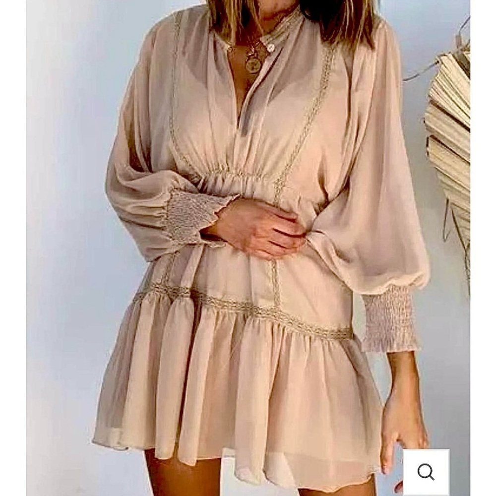 SNDYS Coco Mini Dress Tunic Sand Beige Tan Lace Trim XS Babydoll Peasant Boho